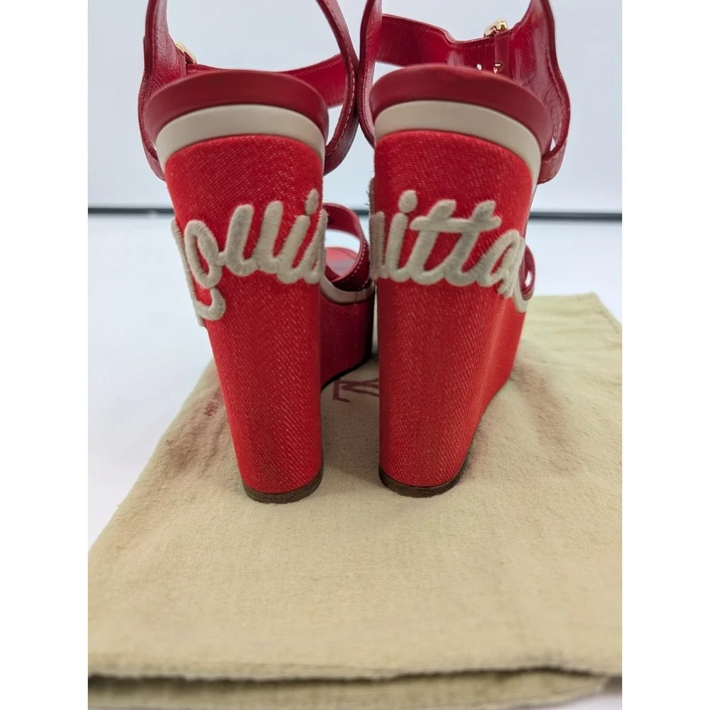 Louis Vuitton Red Waterfall Wedge Cloth & Leather Sandals Size 37.5 EU/7 US